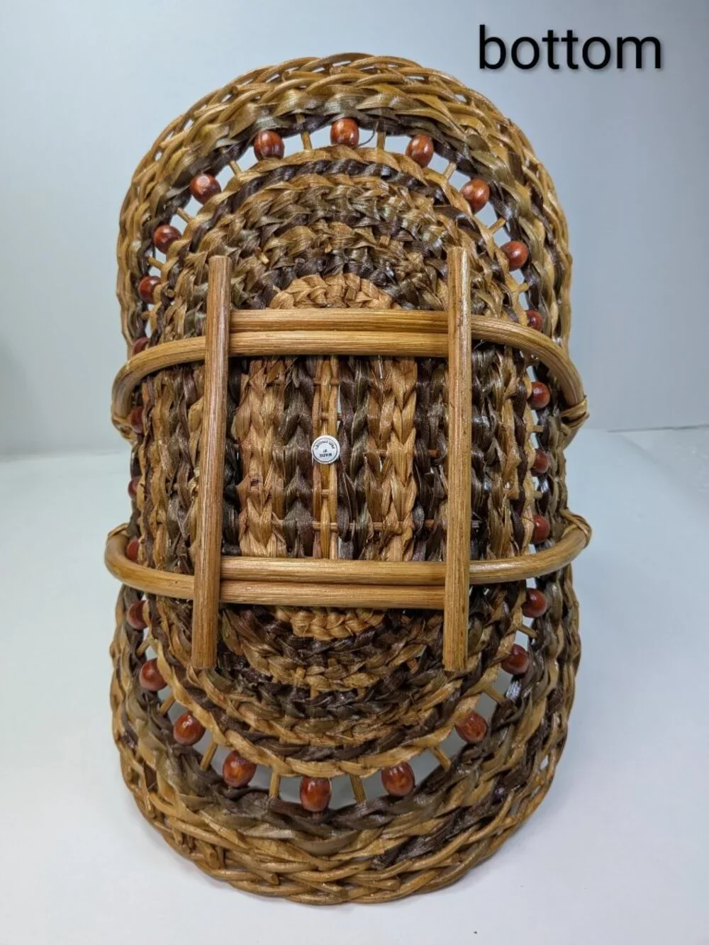 Vintage Woven Two-Tone Scoop Basket Wooden Bead Accent Overhead Handle